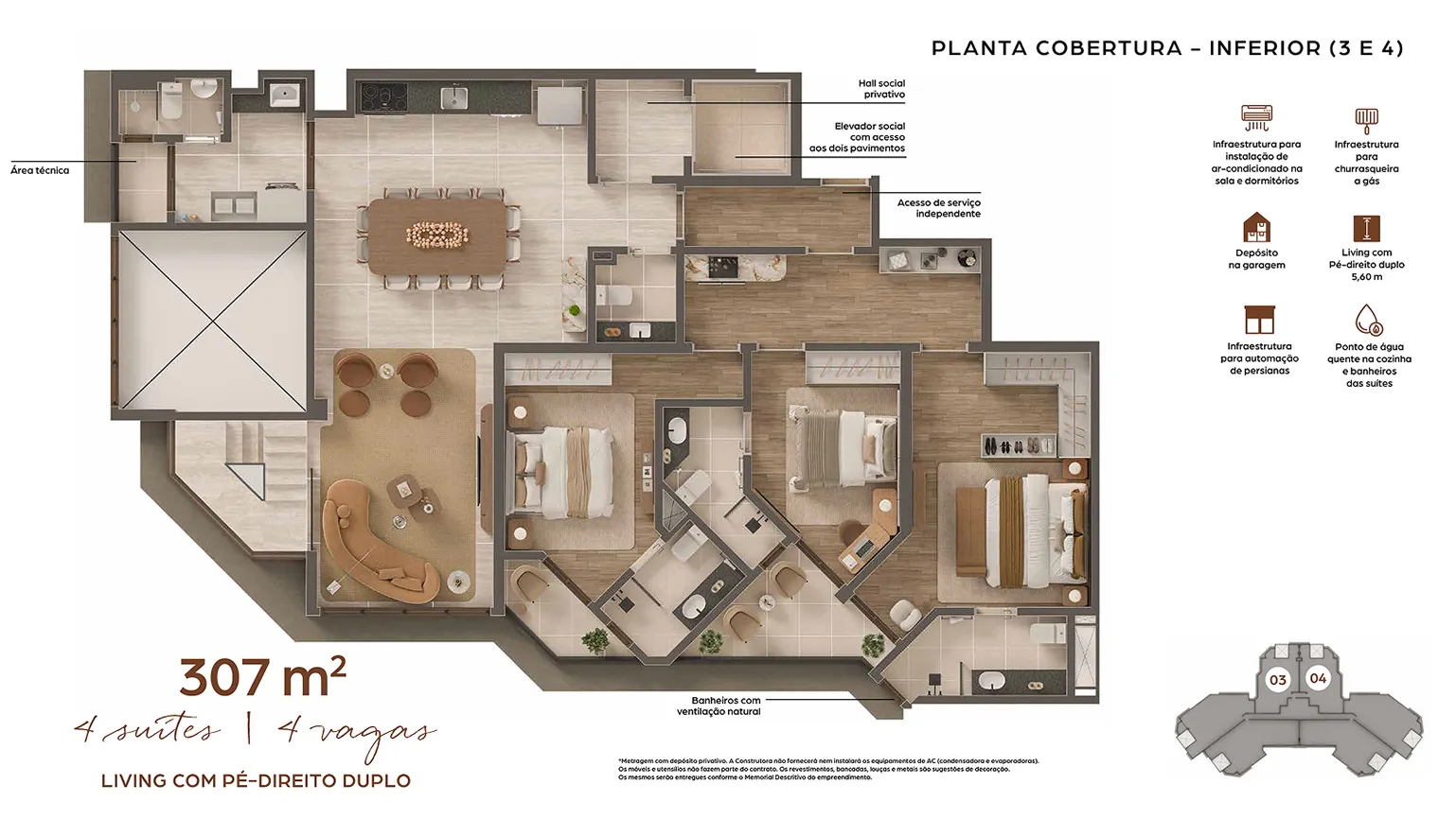 Planta Cobertura — Inferior (3 e 4) — 307 m²
